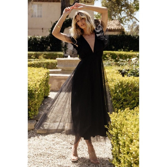 Baltic Born NWOT Anabella Tulle Dress Black Maxi Ruffle Sleeve Party Evening M - Picture 1 of 12